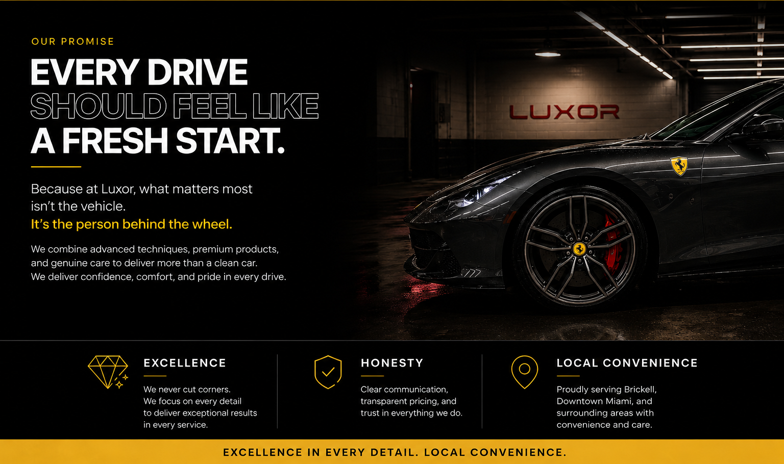 Luxor Our Promise section with Ferrari and brand values